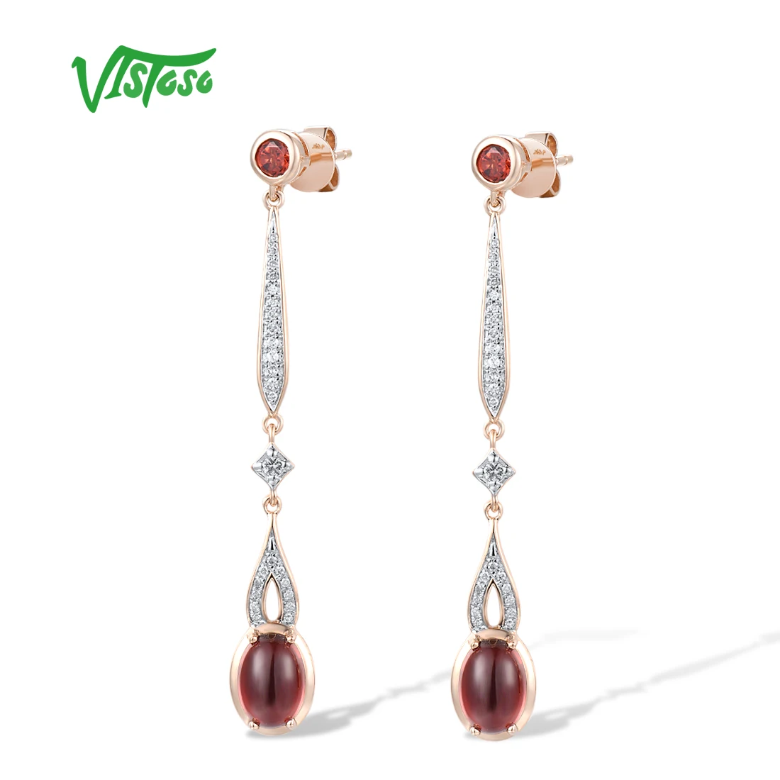 VISTOSO 14K 585 Rose Gold Earrings For Women Sparkling Garnet Diamond Topaz Drop Earrings Simple Style Stunning Fine Jewelry