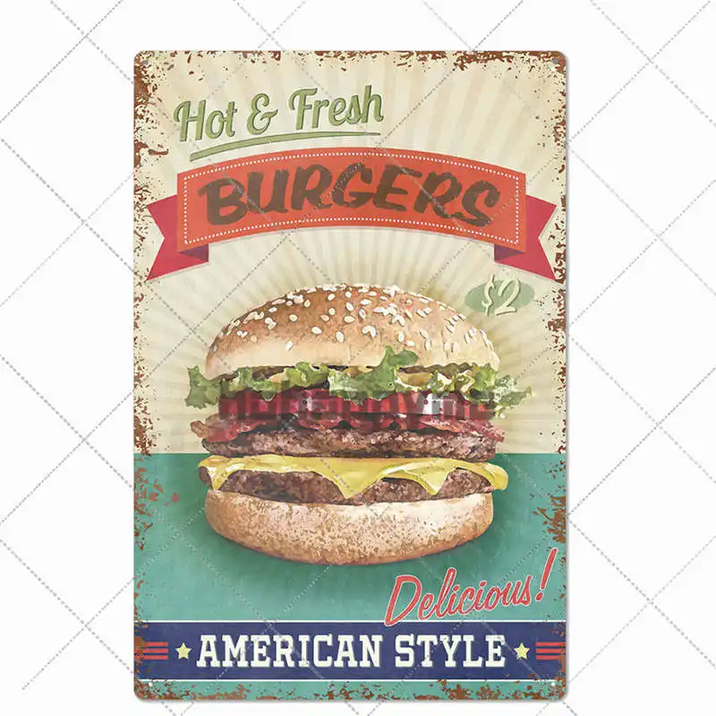Hamburger Metal Tin Sign Vintage Poster Fast Food Plaque Pub Bar Kitchen Wall Plate Decoration Home Decor 20*30cm