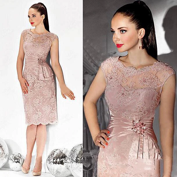 Cap Sleeves Dusty Pink Mother Of The Bride Dresses Knee Length Wedding Banquet Ceremony Lace Beaded Evening Prom Dress