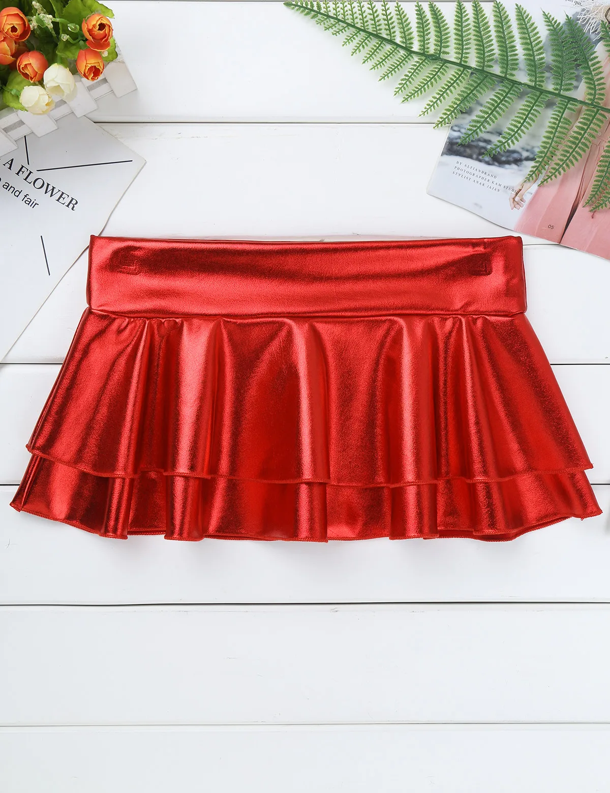 Womens Shiny Metallic Short Mini Skirts Low Rise Double Layered Ruffled Mini Skirt for Pole Dance Raves Festivals Party Costumes