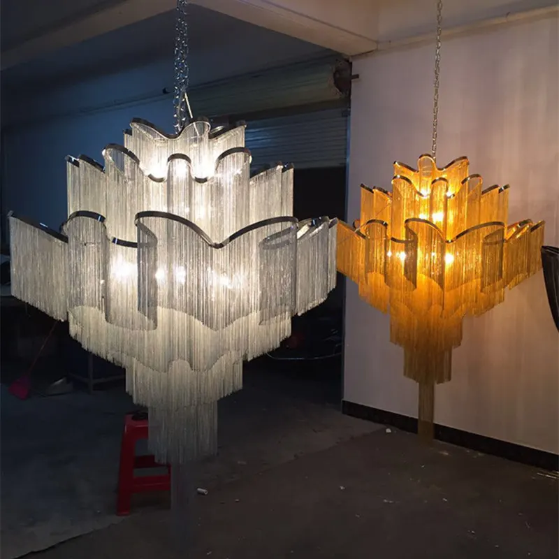 Modern Luxury Silver Gold Aluminium Chain LED Pendant Lamp Stair Pendant Hanging Light for Home Hotel Tassel Chandelier image 4