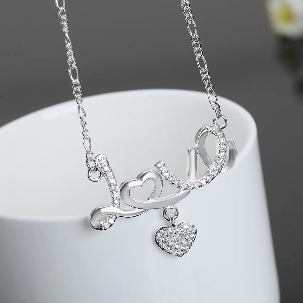 DOTEFFIL 925 Sterling Silver 18 Inch AAA Zircon Heart Shaped Love Pendant Necklace For Women Fashion Wedding Party Charm Jewelry