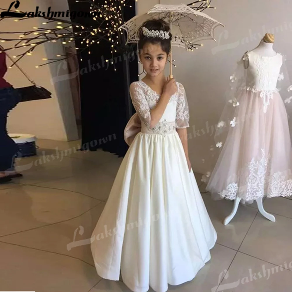 Robes à fleurs pour filles, pour fête de mariage, première Communion, nœud en Satin, demi-manches en dentelle, robe princesse trapèze pour enfants