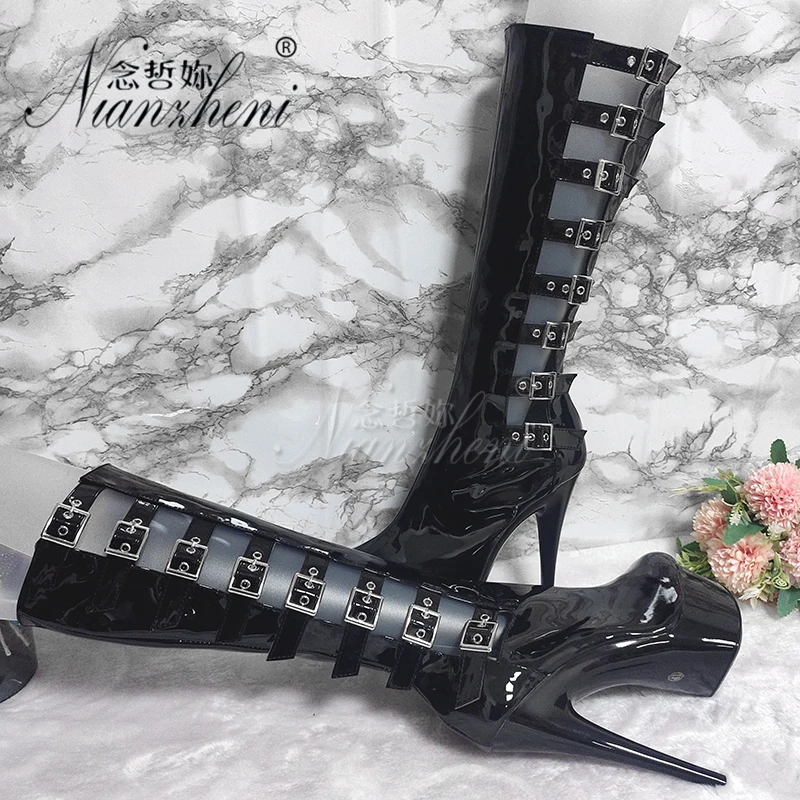 

6 inches Super High heeled shoes Belt buckle Nightclub 15CM Hollow Thin heels Mid calf Thick platform Trend paint Pole dancing
