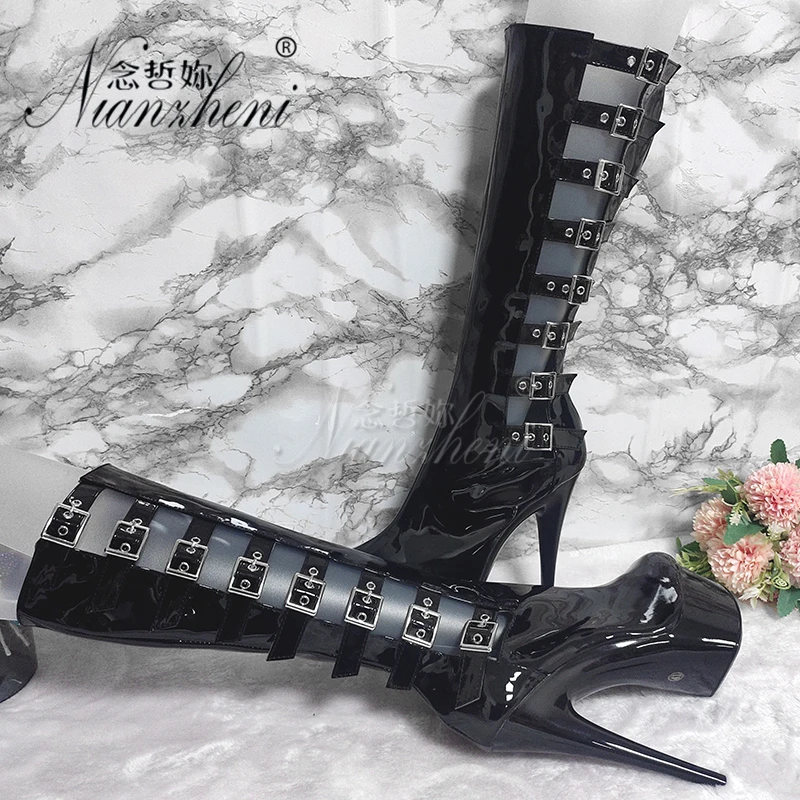 6 inches Super High heeled shoes Belt buckle Nightclub 15CM Hollow Thin heels Mid calf Thick platform Trend paint Pole dancing