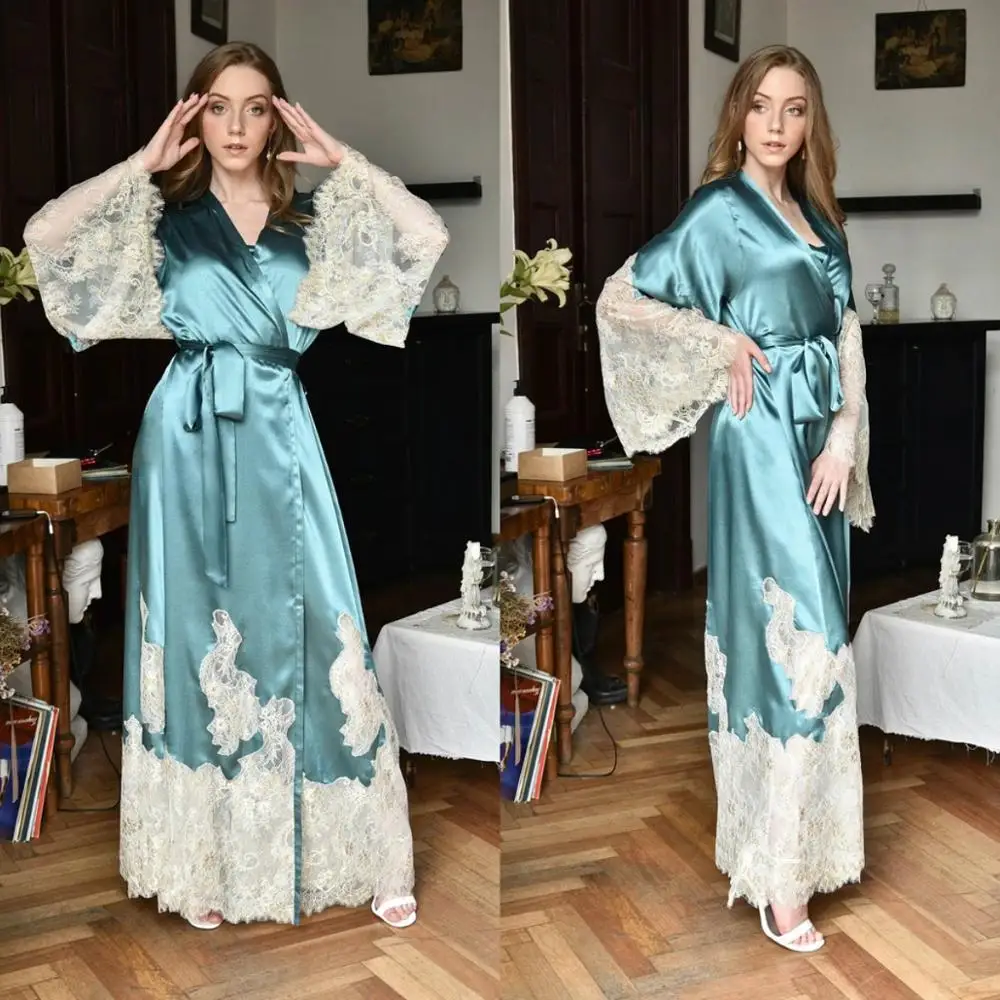 Elegant Blue Women Night Robe Lace Applique V Neck Lingerie Custom Made Bridal Sleepgowns Cheap Sleepwear Party Pajama