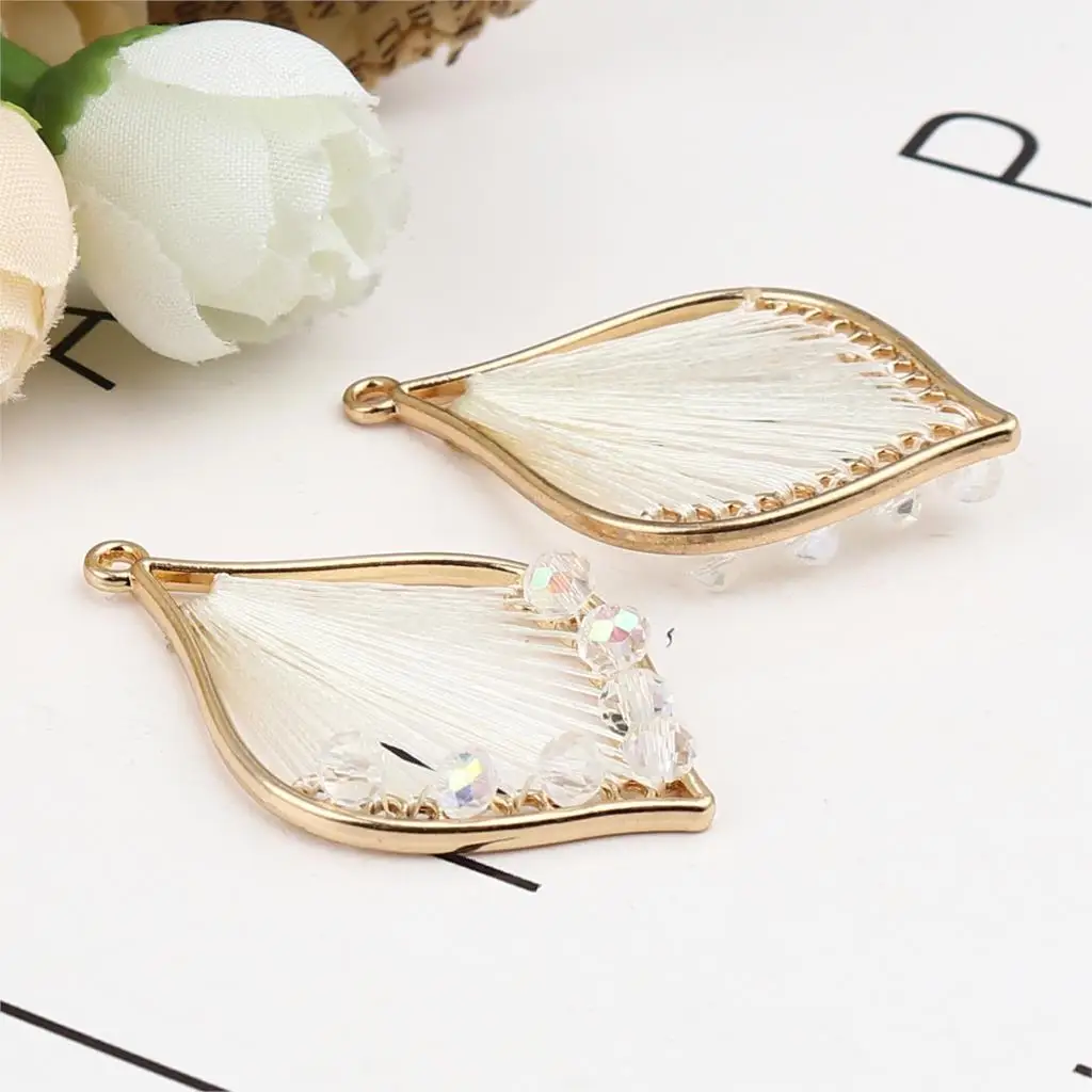 3 PCs Iron Based Alloy & Glass Thread Wrapped Pendants Leaf Gold Color Champagne 42mm x 26mm