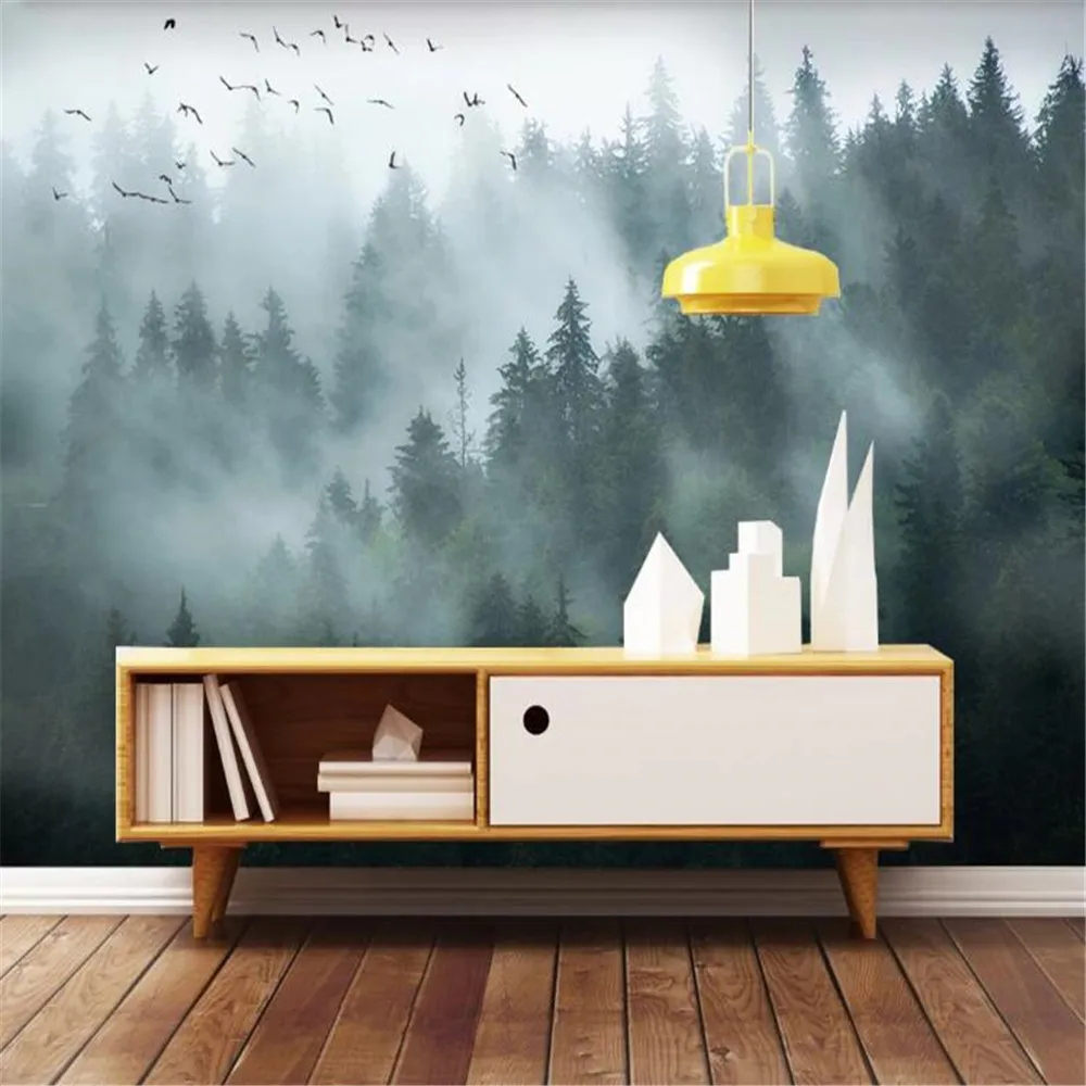 Milofi large non-woven wallpaper mural Nordic minimalist smoke landscape birds forest living room bedroom background wall