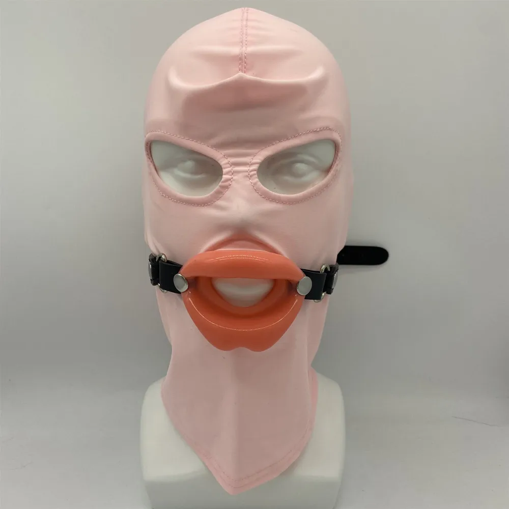 Slave Cosplay Fetish Obedient Open Mouth Gag Oral Sex Toys of Silicone Lips O Ring with Bdsm Bondage Hood Mask Erotic Accessory