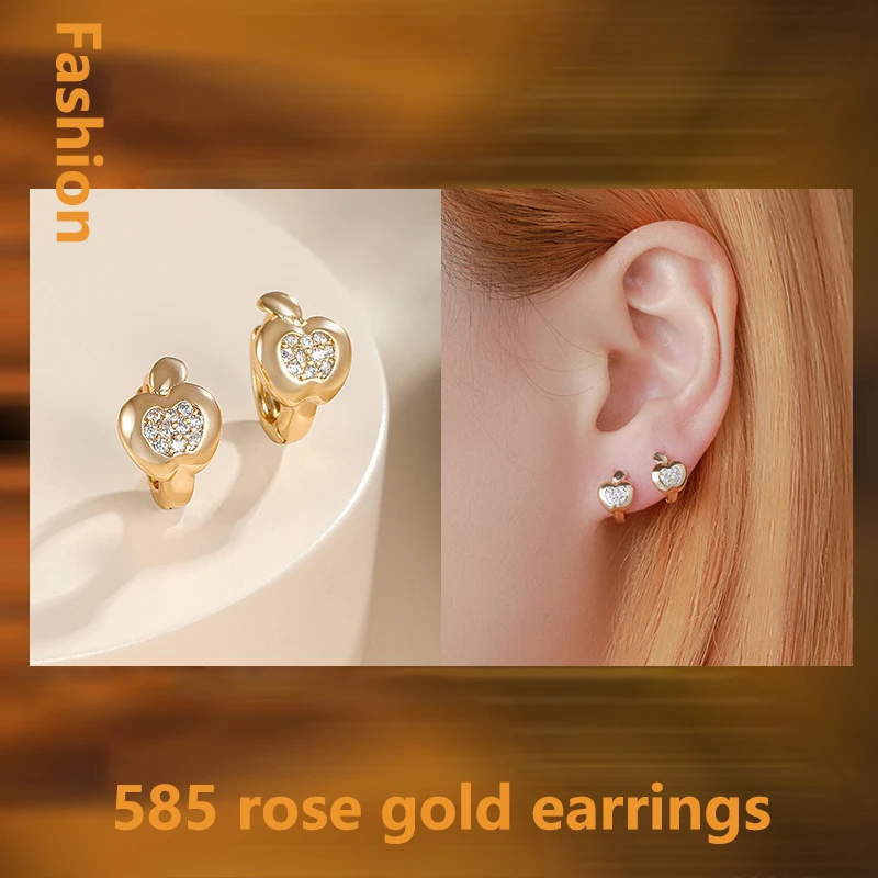 Kinel Luxury Cute Apple Earrings For Girls 585 Rose Gold Natural Zircon Stud Earrings Children Baby Xmas Gifts Animal Jewelry