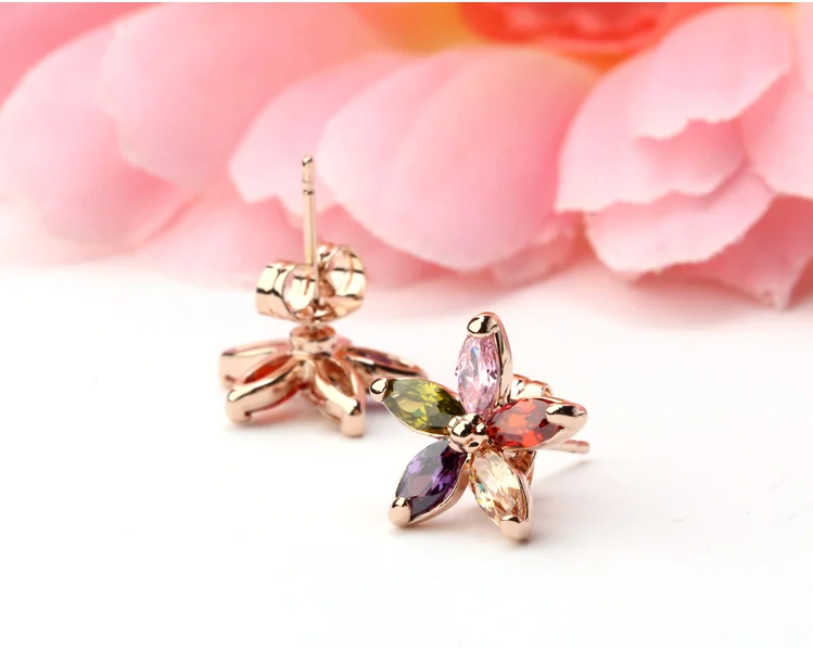 LUOTEEMI Rose Gold Color Cute Small Flowers Jewelry Sets for Women Fashion Earring Necklace Bracelet Bridal Wedding Accessories