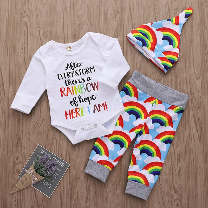 

3PCS Children's clothing baby boy clothes baby girl Clothing suit 2021 Spring and Autumn Alphabet Romper Rainbow Suit 0-24M