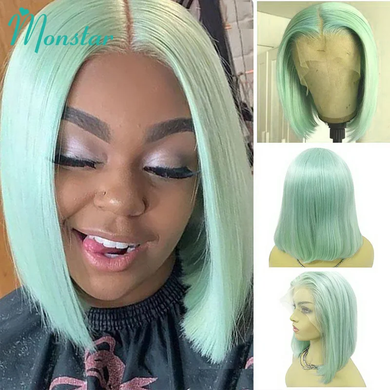 Perucas de cabelo humano em linha reta colorido verde menta, 13x6 Bob Frontal peruca transparente do laço, Densidade 180, Remy Lace Wig, 13x4 peruca dianteira do laço