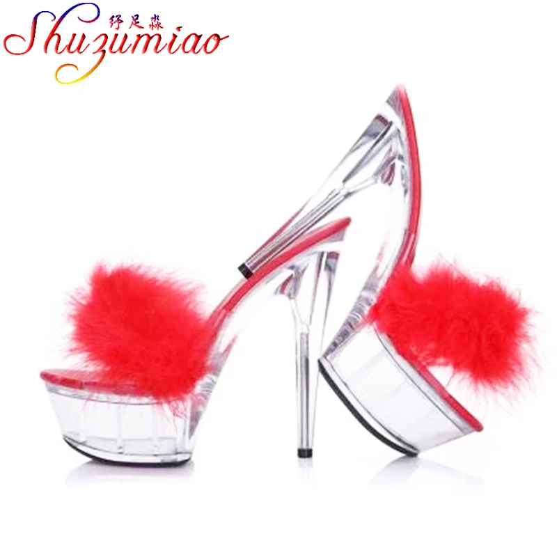 Shoes Woman 2021 Summer New Platform Sandals Transparent Crystal Supper High Heels 15cm Waterproof Fur Sandals Big Size Slippers