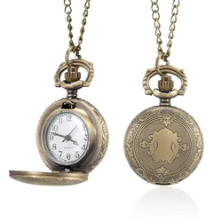 Men Women Pocket Watch Vintage Shield Carved Case with Chain