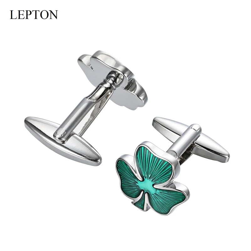 LEPTON Clover Cufflinks Classic Green Shamrock CuffLink For Mens Formal Fathers Day Lover Friends Wedding Anniversaries Gifts