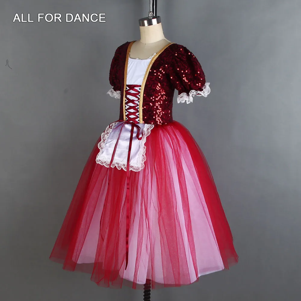 19846 All For Dance Dark Red Sequin Bodice Top With Red&White Tulle Ballet Dance Dress For Girls&Women Stage Performance