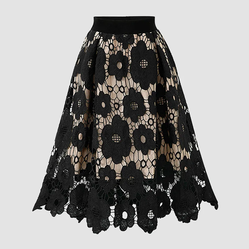 Women's Lace Flowers Skirt Europe and America New Retro A-line Long Skirt Elegant Elastic Waist Lace Hollow Skirts Falda 2024