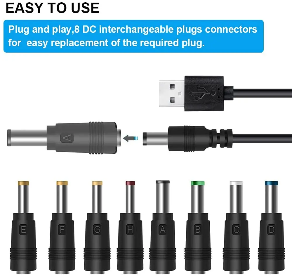 USB 5V to DC 12V Converter Power Cable + 8 Connectors Adapter USB to DC Power Cable (Below 2A Max for 8Watts)