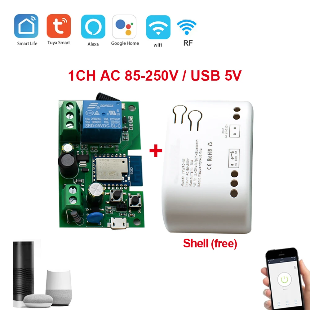 Módulo de interruptor de motor wi-fi inteligente, ac 220v tuya, 1ch ac/dc 5v 12v 32v rf 433, rádio, controle remoto, relé avançando para alexa,