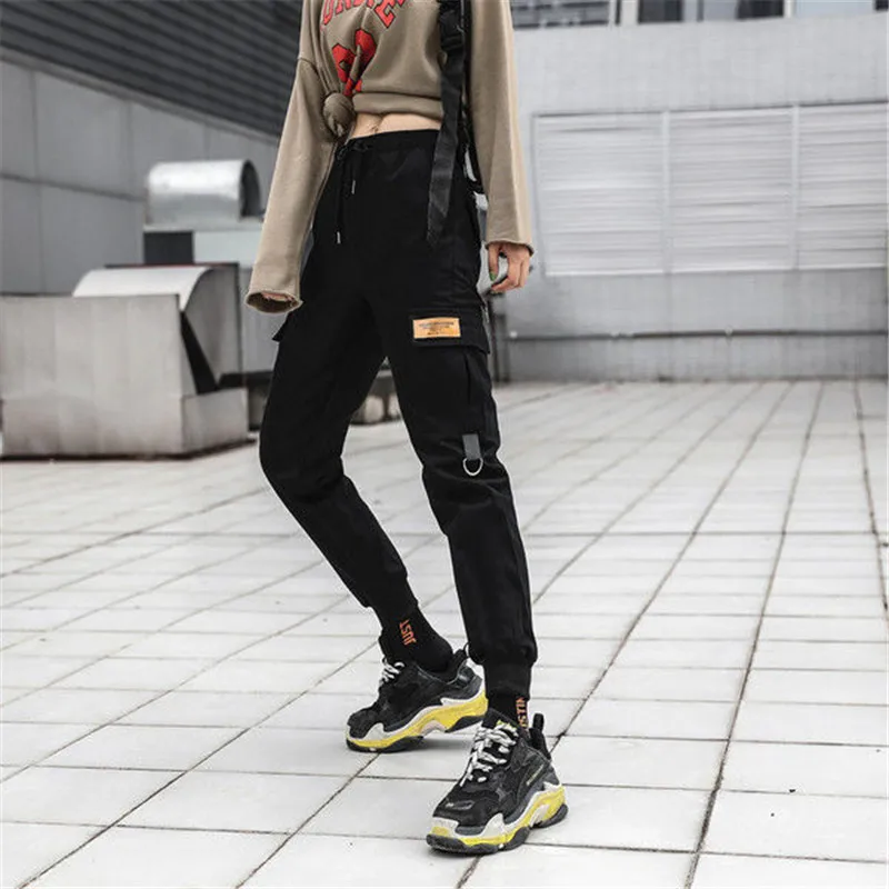 Vrouwen Broek Patchwork Hip Hop Cargo Broek Losse Streetwear Potlood Broek Zwarte Hoge Taille Vrouwen Zakken Pantalone Streetwear