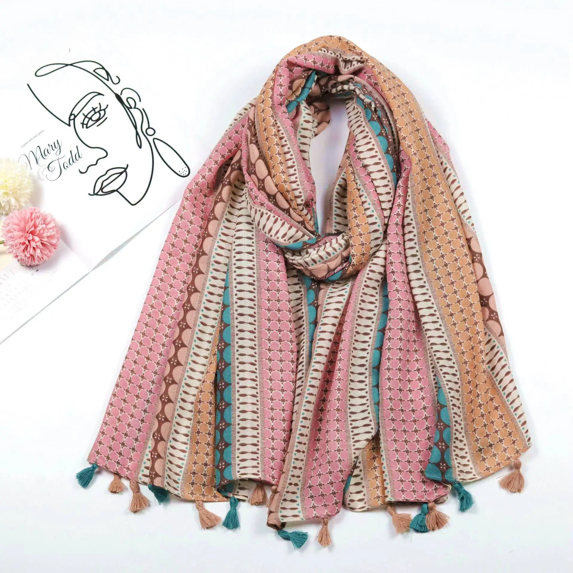 

2021 Fashion Geometry Print Tassel Scarf Shawls Soft Spot Hijab Wrap Wholesale 5 Color 10pcs/LOT