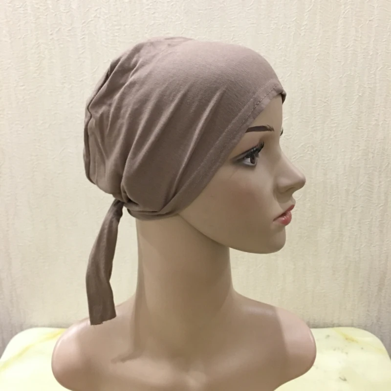 H048 Plain Cotton Tie Back Hats Muslim Turban Pure Color Stretch Inner Hijabs Underscarf Women Head Scarf Under Hijab Bonnet