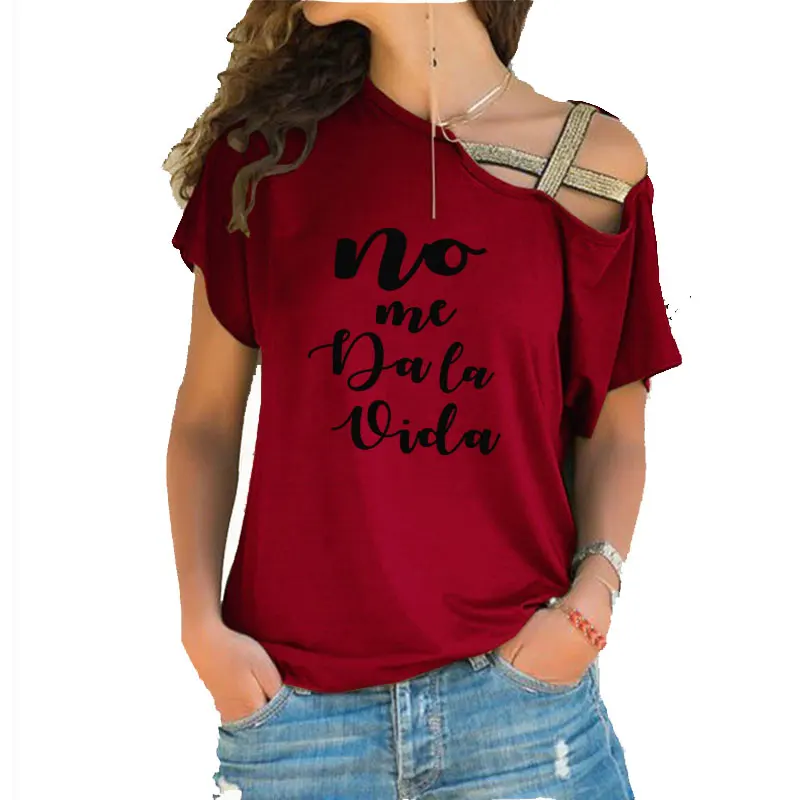 Does Not Give Me Life Spanish Letter Print Fashion Summer Women T-shirt Short Sleeve Casual Irregular Skew Cross Bandage tee top