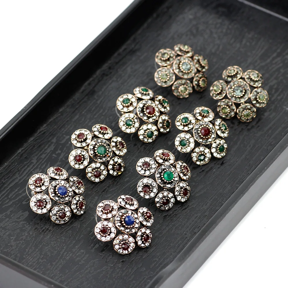 Sunspicems Full Gray Rhinestone Stud Earring for Women Turkish Design Antique Gold Color Ethnic Wedding Banquet Jewelry Gift