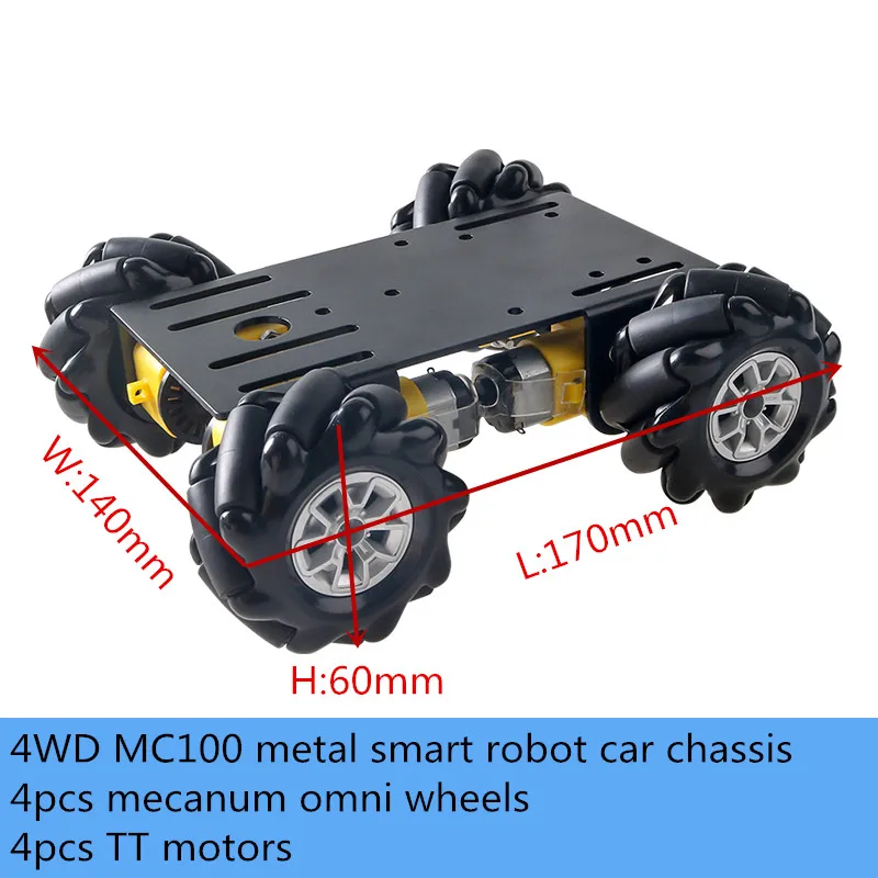 MC100 4WD Metal Smart Robot Car Chassis Kit 60mm Mecanum Omnidirectional Wheel High Torque TT Motor DIY Unassembled Toy