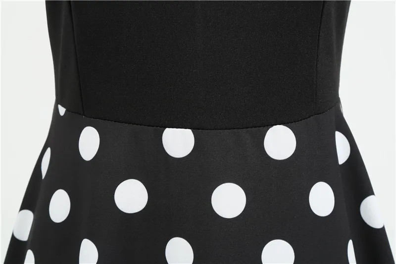 Polka Dot Print Women Summer Dress Black Patchwork Sleeveless V Neck Elegant Vintage Party Casual Midi Dress