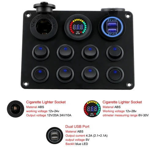 Imagen 2 del producto Panel de interruptor de 24V y 12V, 8 botones, cargadores USB, interruptor de luz, palanca de 15A, accesorios de hoja de fusible para coche, camión, barco y caravana