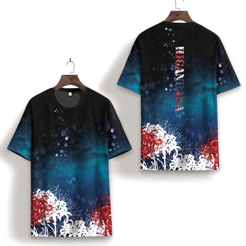 2021 New Men's Summer Trend Plant Flower Print T-Shirt Chinese Style Ice Silk Large Size Fashion All-Match Short - Sleeved Shirt