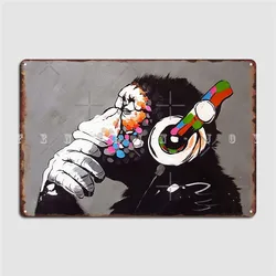 Banksy Monkey With Headphones Metal Sign Club Bar Plaques Cinema Living Room Decoration Tin Sign Poster