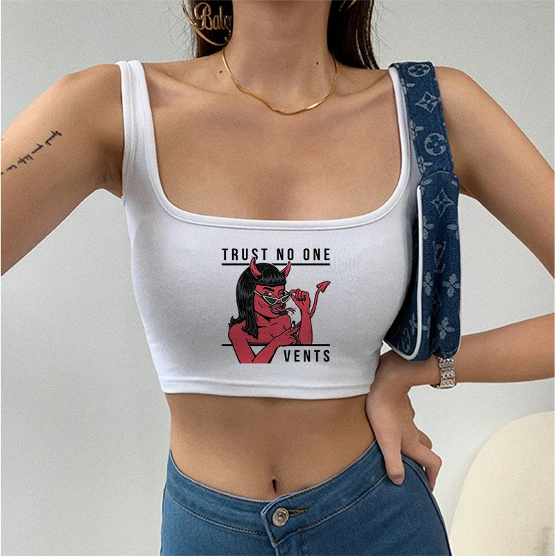 Summer Casual Harajuku T Shirt Women Streetwear Y2K Crop Top Vintage Ulzzang Cool Satan Demon Print Anime Tshirt Sleeveless