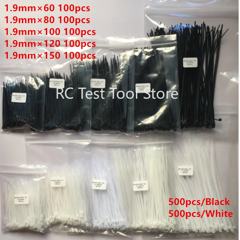 

Self-Locking Nylon Cable Ties Set Width 1.9 x60/80/100/120/150mm Assorted Black/White Plastic Zip Loop Wire Wrap 500pcs