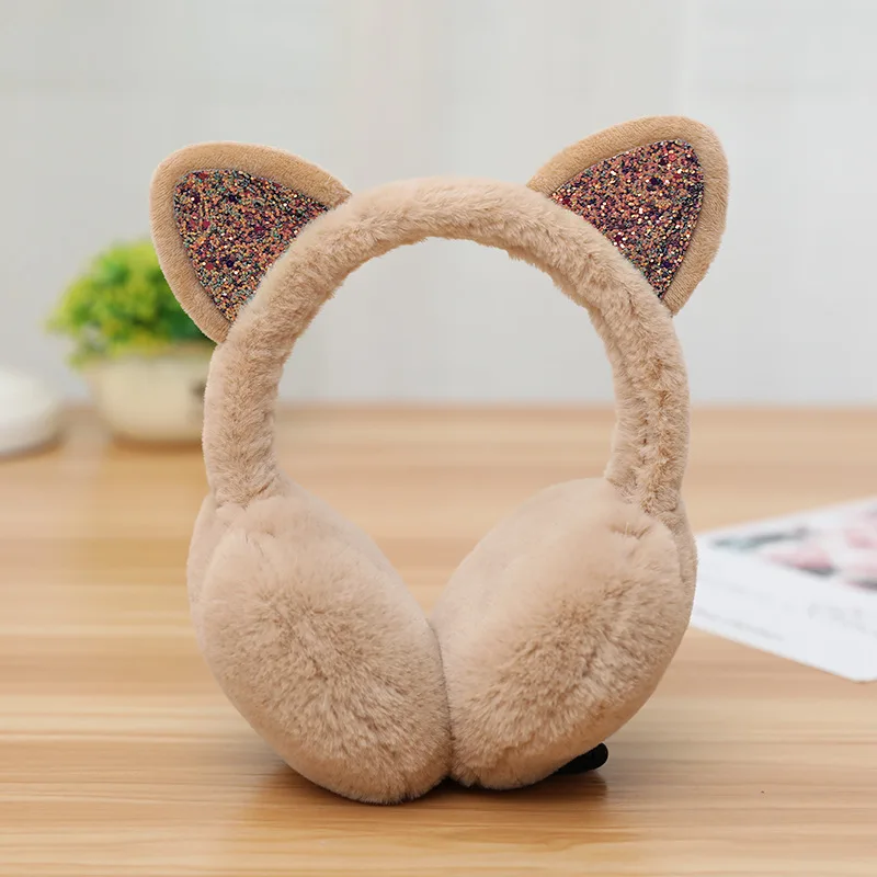 Fashion Cat Ear Plush Earmuffs Shiny Sequin Soft Earflaps Headband for Kids Boys Girls Unisex Vintage Ear-cap Winter Outdoor