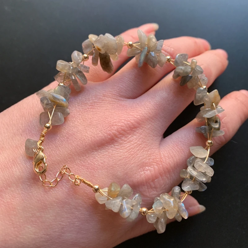 Natural Light Gray Labradorite Stone Chips Beads Bracelet 14k wire wrapped Link Bracelet Healing Crystals Handmade Wrist Jewelry