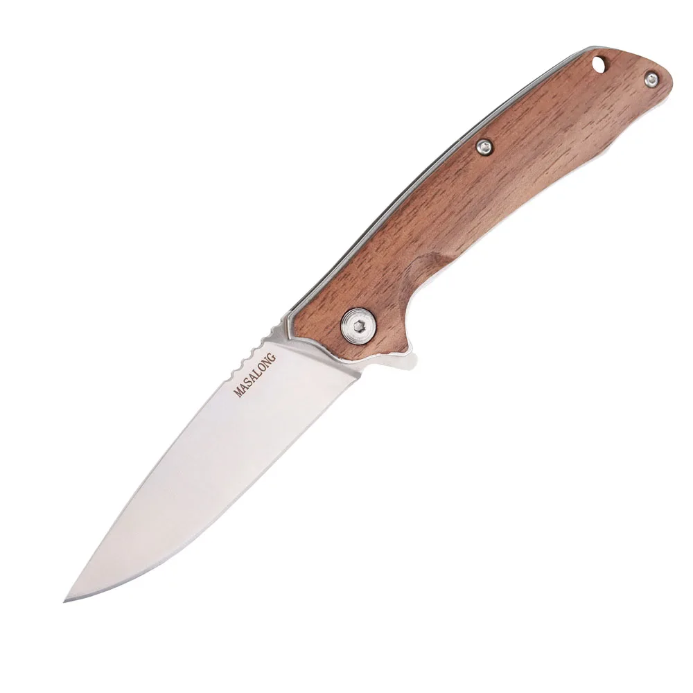 

MASALONG kni217 Folding Knife with D2 Steel Blade Walnut wood Handle Clip Pocket Knife