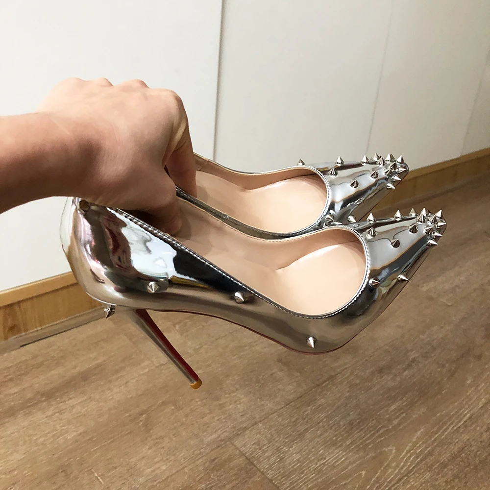 Veowalk Glossy Mirror Silver Women Partial Spikes Pointed Toe Sexy Stiletto Pumps Sparkly High Heel Party Shoes 8cm 10cm 12cm