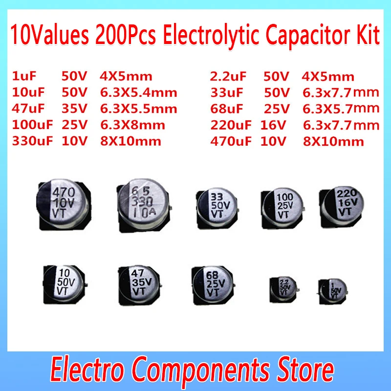 200Pcs/Lot 10Value 1UF~470UF 10V-50V SMD Aluminum Electrolytic Capacitors Assortment Kit SMD Electrolytic Capacitor Assorted Set