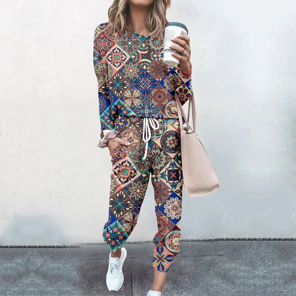 

Women 2 Piece Sets Pullovers Cloting Lady Long Sleeve Bohemia Print Female Tops Elastic Waist Pants Casual Streetwear Tracksuit