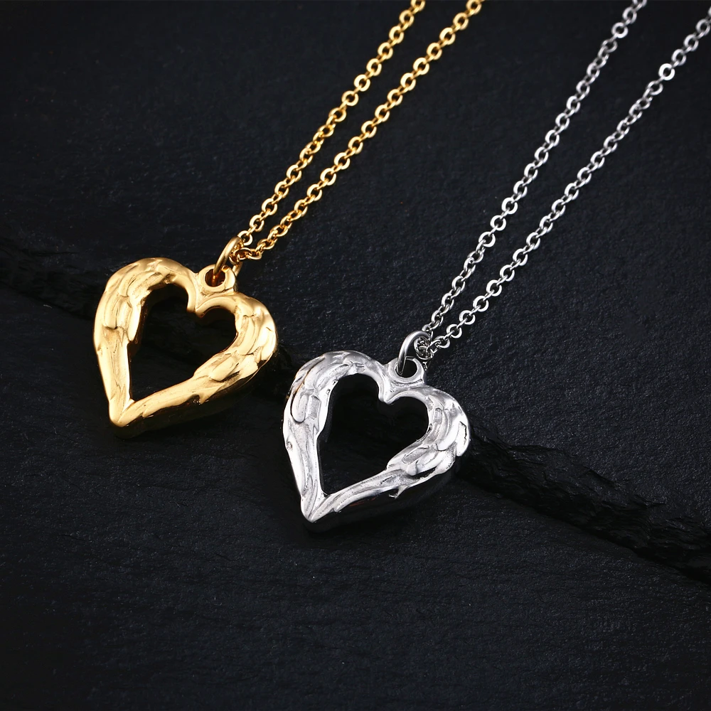 Stainless Steel Stylish Love Feather Simple Heart Shaped Hanging Romantic Gift Party Pendant Necklace Jewelry