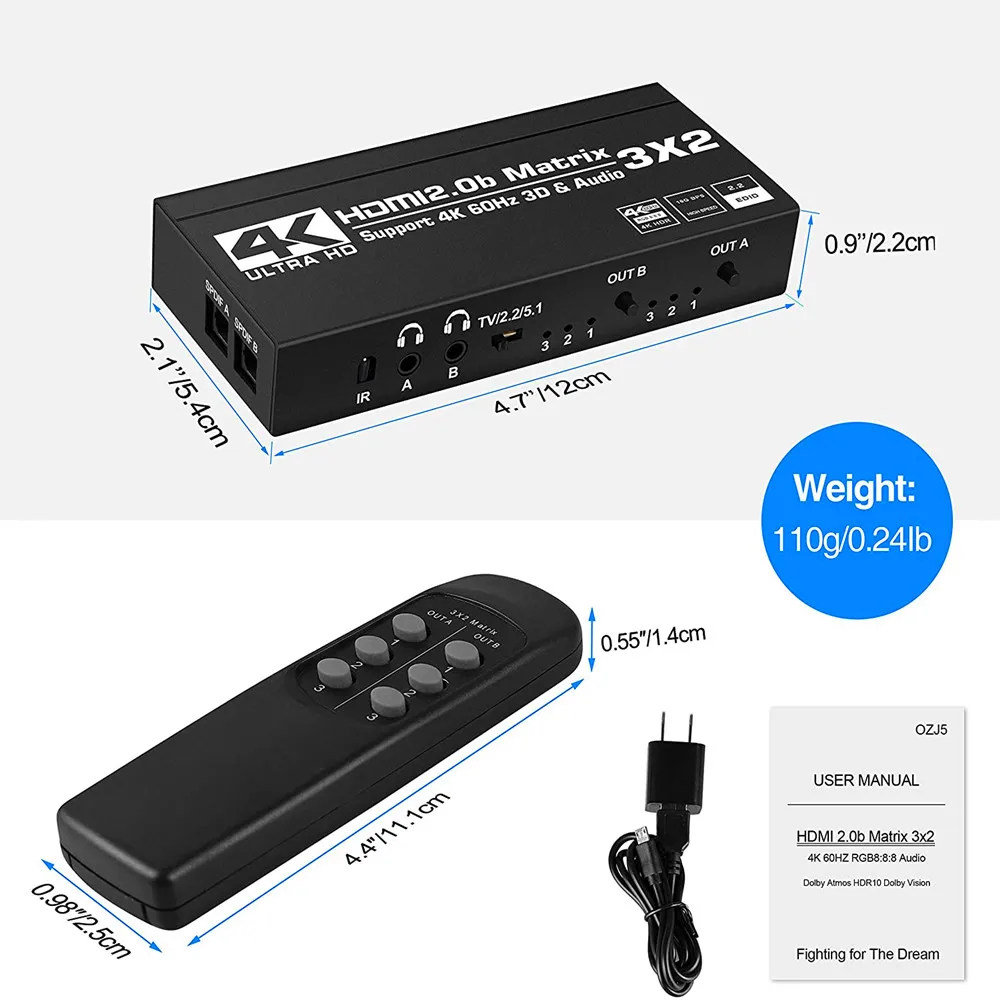 KuWFi 4K/60Hz zdalny przełącznik przełącznik HDMI 3x2 podwójny ekstraktor Audio 2.0b Matrix Splitter dla PS4/5 xbox TV odtwarzacz HD DVD