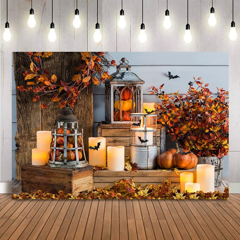 

Autumn Fall Photography backdrop Thanksgiving Maple Leaves pumpkin background for photographic studio candles vintage light