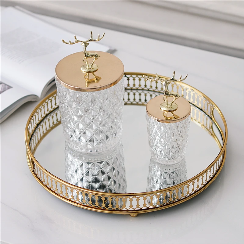 Round Gold Plated Iron Glass Mirror Tray In Small Large Sizes European Modern Home Tabletop Decor Octagon Hollow Storage Holder