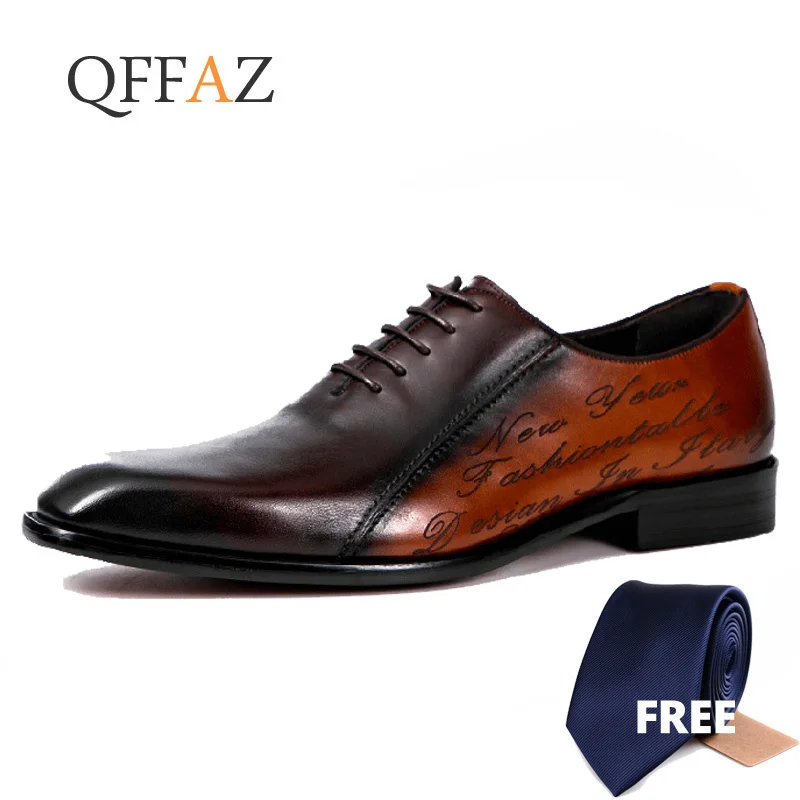 

QFFAZ Men leather shoes business dress suit shoes men brand Bullock genuine leather black laces wedding mens shoes