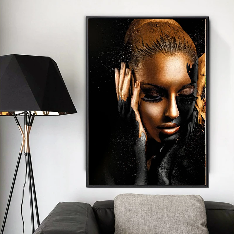 

SELFLESSLY Black Art Girl Golden Canvas Paintings For Living Room Modern Art Prints Figure Pictures Posters and Prints Wall Art