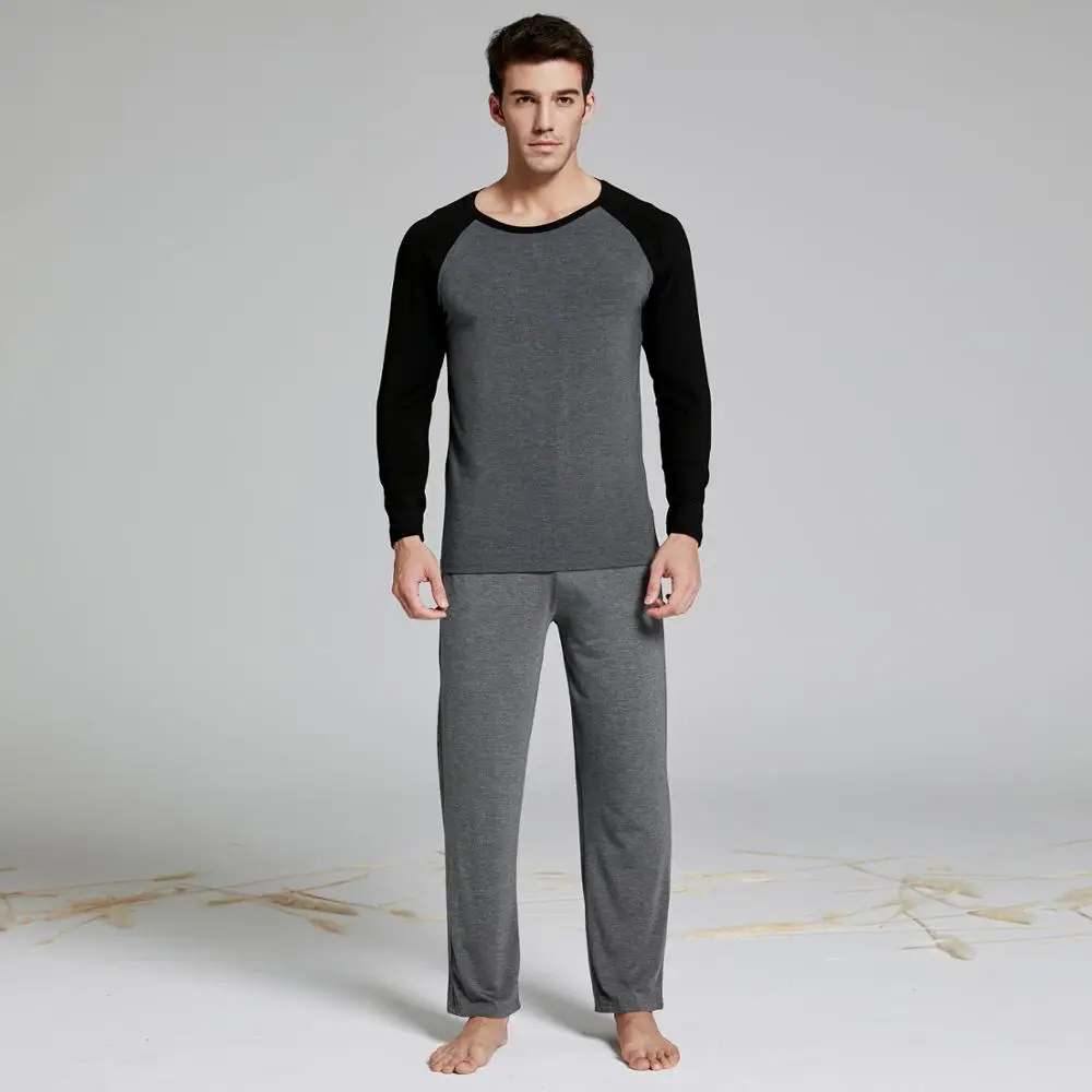 Men\'s Modal Cotton Long Sleeve Pajamas Set with Long Pant Two-piece Pajama Suit men long Johns home wear Sleepwear Loungewear