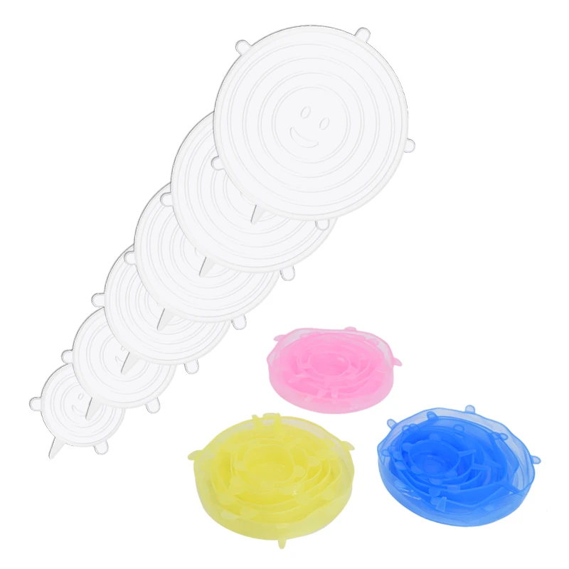 6Pcs Silicone Stretch Lids Kitchen Tools Accessories Reusable Food Wrap Sealed Cover Keep Fresh Stretchy Bowl Cover